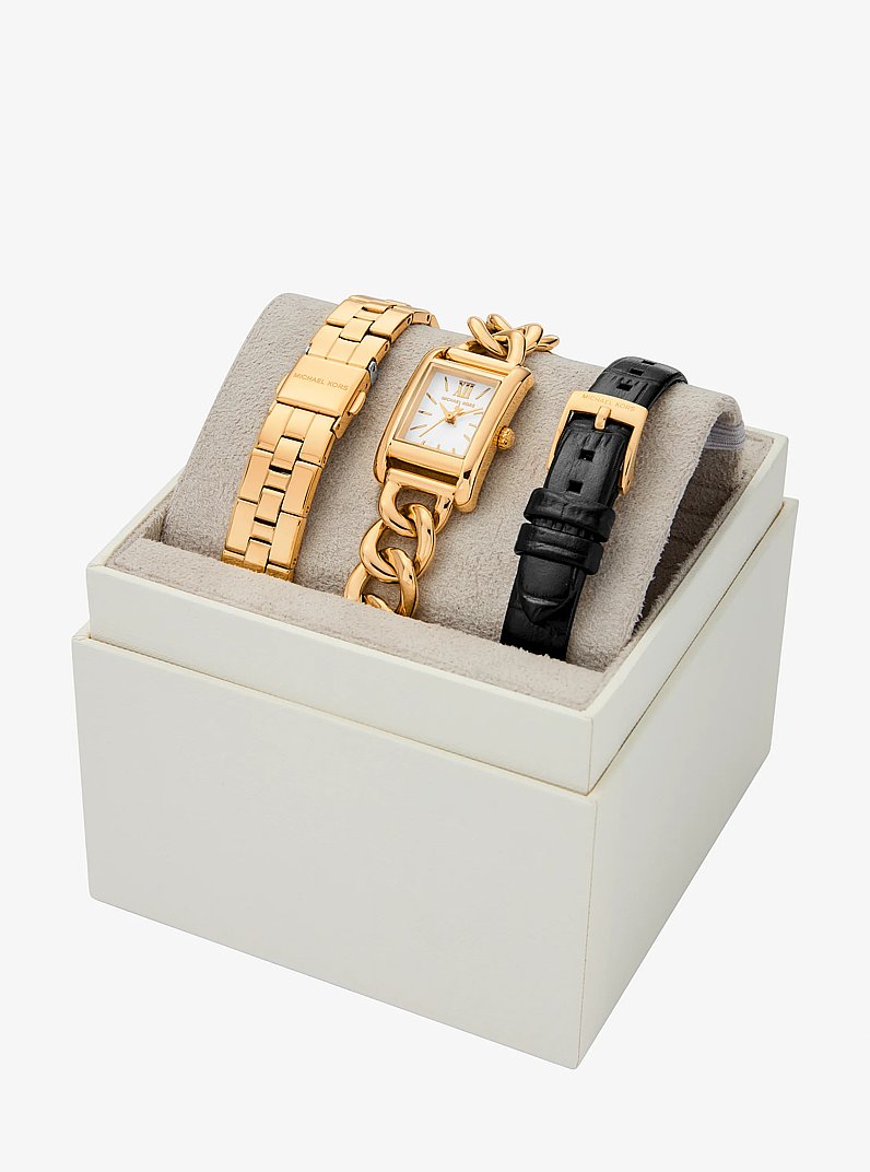 Petite Monroe Gold-Tone and Crocodile-Embossed Leather Watch Strap Set in BLACK | Michael Kors