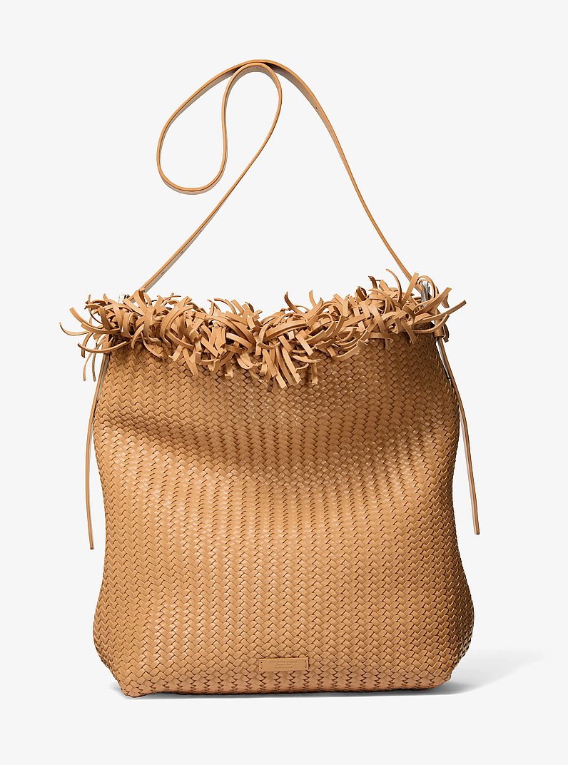 Kiera Hand-Woven Leather Hobo Bag in PEANUT | Michael Kors