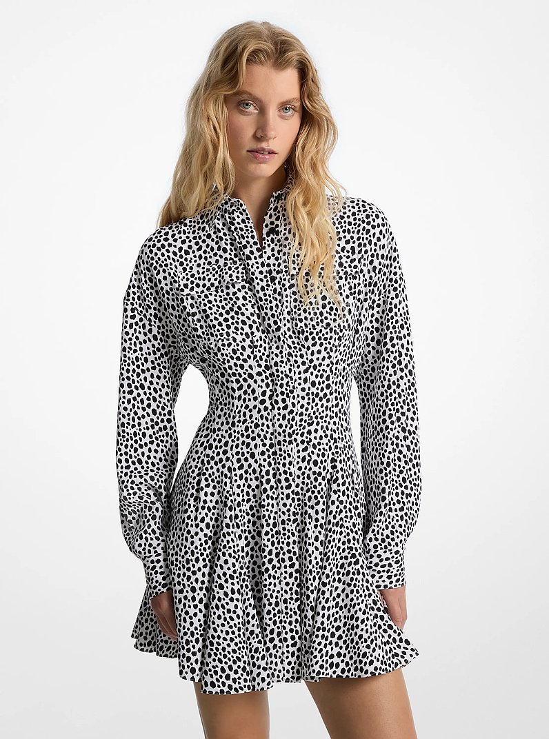 Cheetah Print Crepe Pleated Shirtdress in BLACK/WHITE | Michael Kors