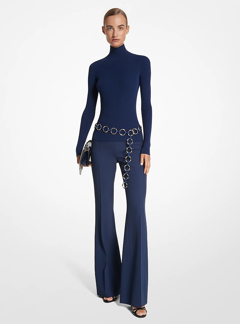 Jersey de viscosa el&aacute;stica acanalada con cuello vuelto in AZUL MARINO | Michael Kors