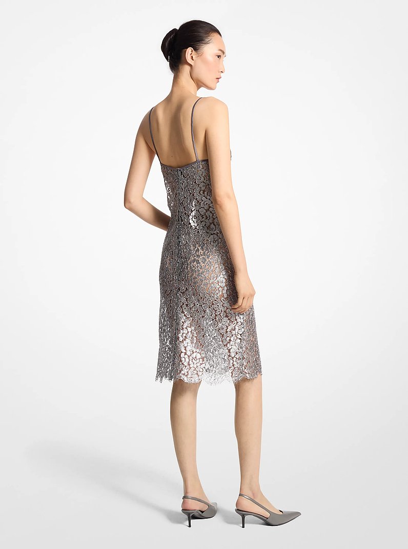 Metallic Floral Lace Slip Dress in GUNMETAL | Michael Kors
