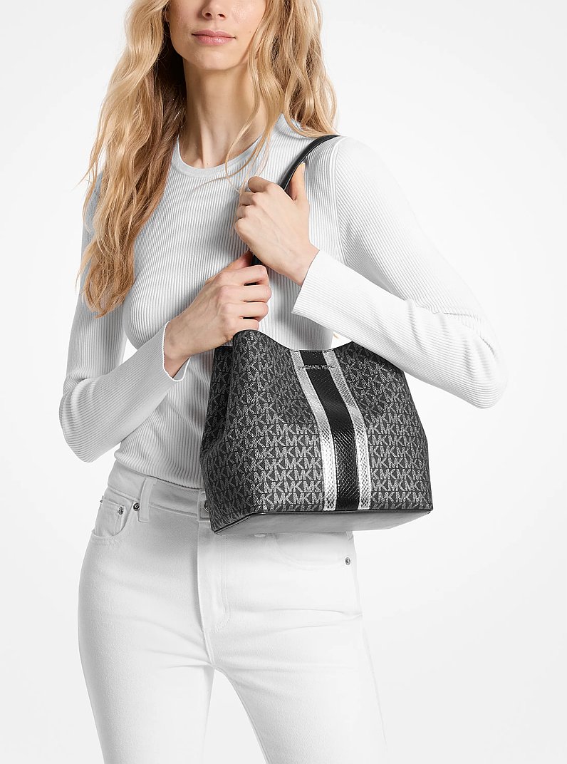 Bolso de hombro Pratt mediano con logotipo exclusivo met&aacute;lico in NEGRO | Michael Kors