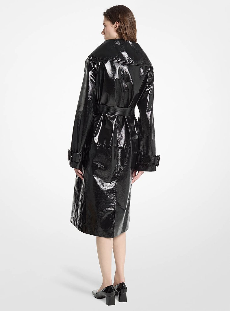 Crackled Leather Portrait Collar Trench Coat in BLACK | Michael Kors