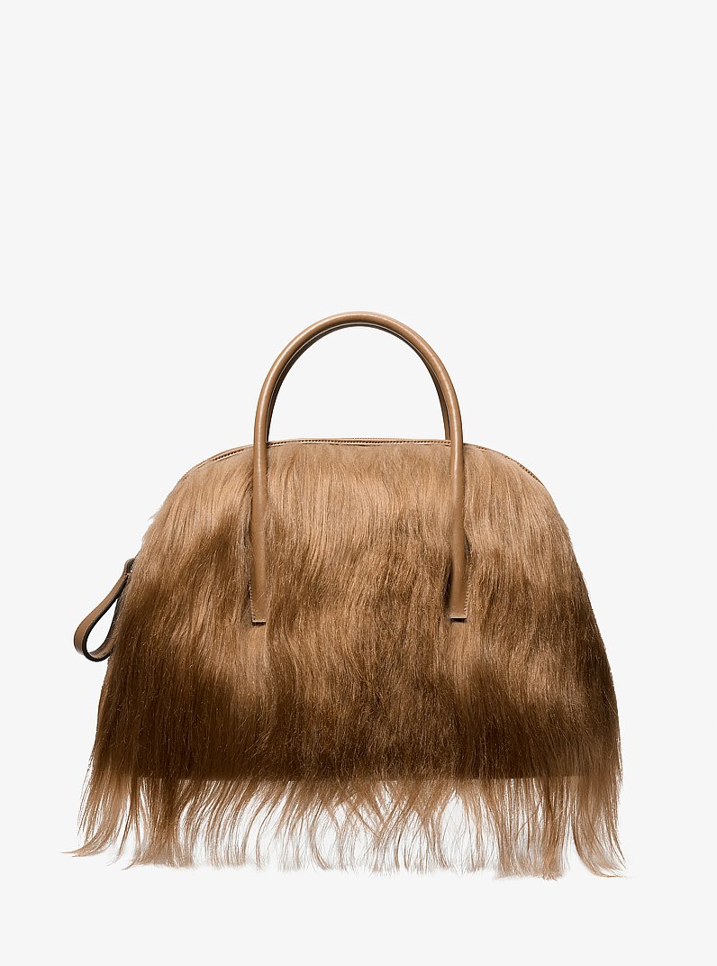 Kaitlin Large Long Haired Shearling Dome Satchel in CARAMEL | Michael Kors