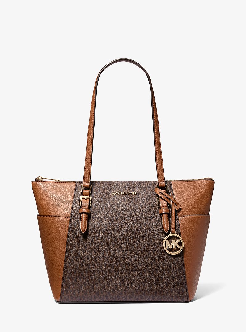 Charlotte Large Logo and Leather Top-Zip Tote Bag in BROWN | Michael Kors
