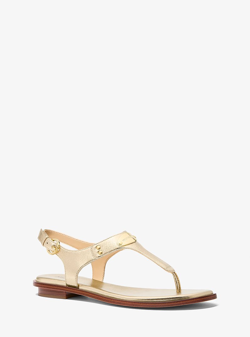 Metallic Logo Plate T-Strap Sandal in PALE GOLD | Michael Kors
