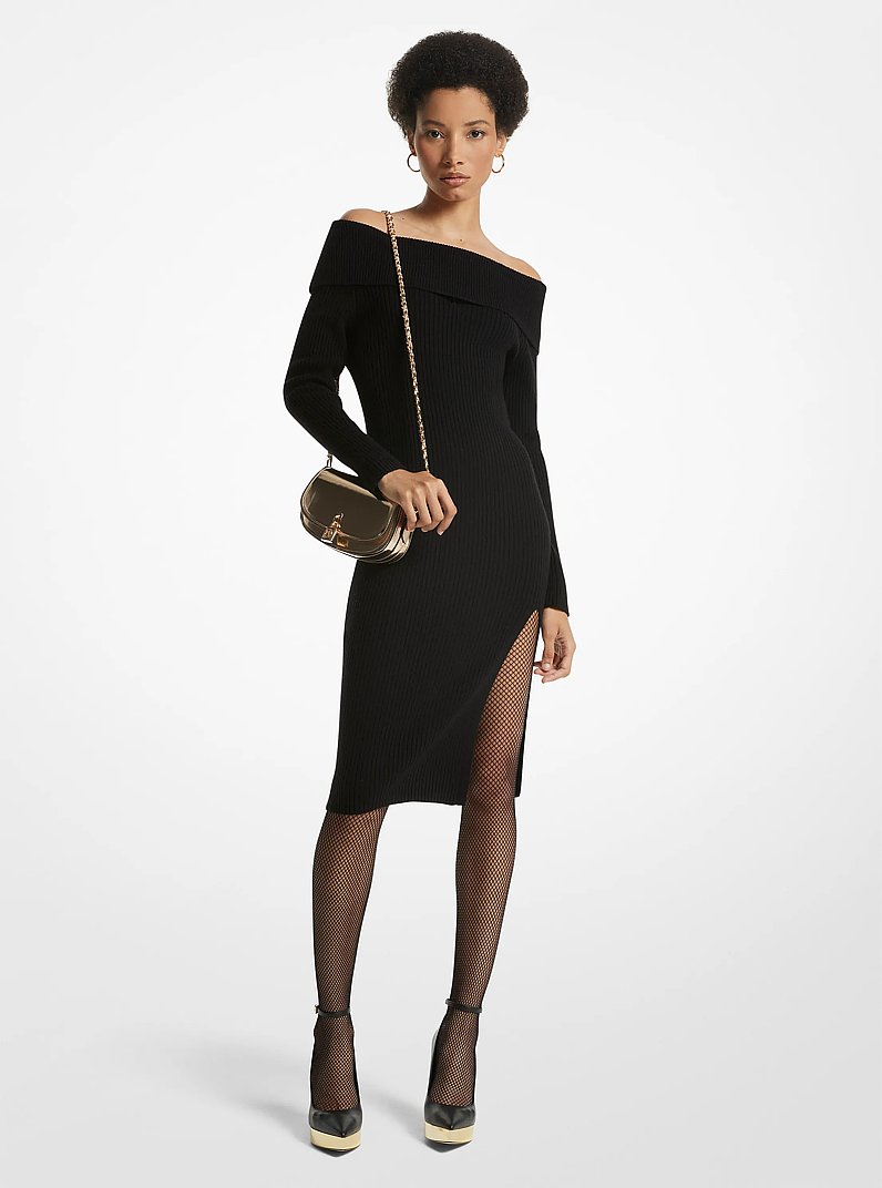 Off-The-Shoulder Ribbed Wool and Cashmere Dress in BLACK | Michael Kors