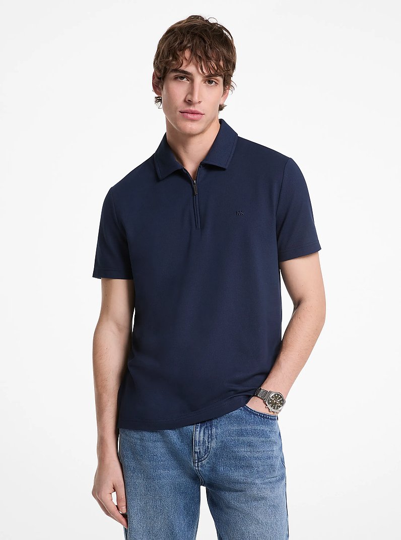 Cotton Blend Piqu&eacute; Zip-Up Polo Shirt in MIDNIGHT | Michael Kors