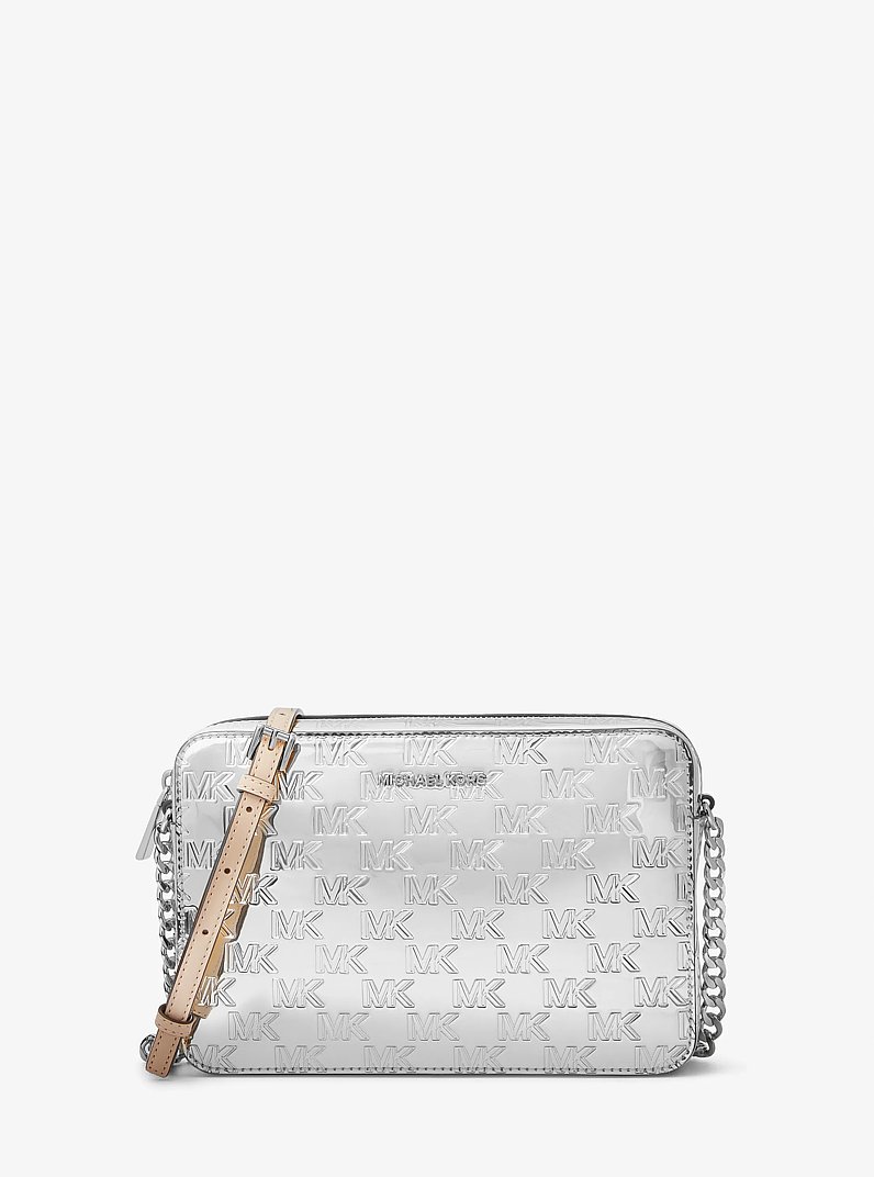 Jet Set Large Logo Embossed Patent Crossbody Bag in SILVER | Michael Kors