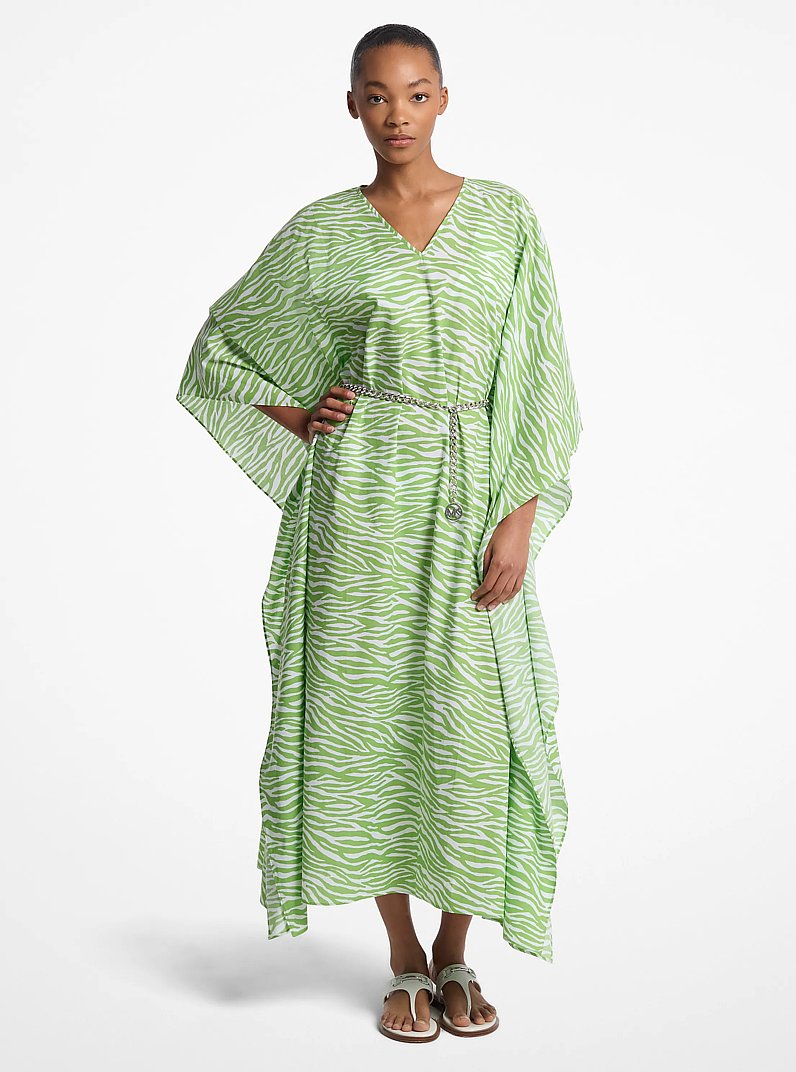Zebra Print Cotton Belted Caftan in JUNGLEGREEN | Michael Kors