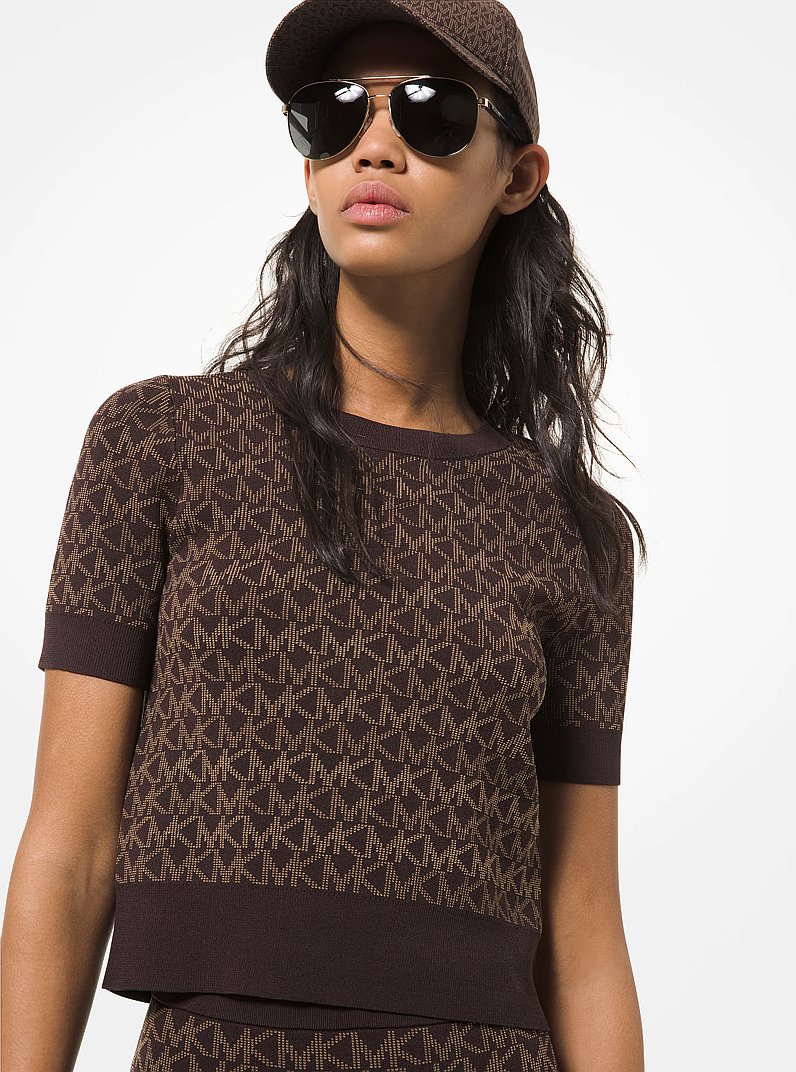 トップス haLoved one Logo Jacquard Knit S Printed Jacquard Side Closure Blouse with Bubble Hem Sleeves