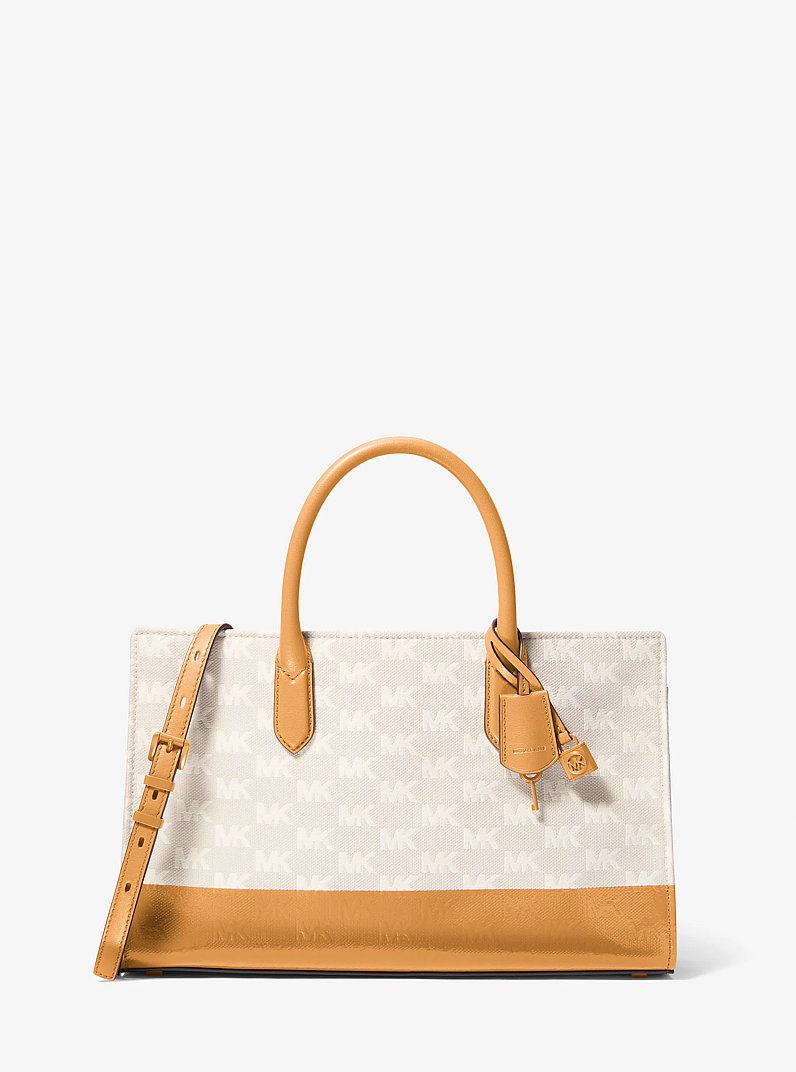 Scarlett Medium Logo Jacquard Satchel in HONEYWHEAT | Michael Kors