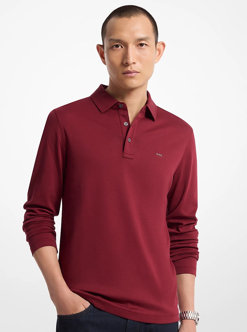 Cotton Long-Sleeve Polo Shirt in DARK BRANDY | Michael Kors