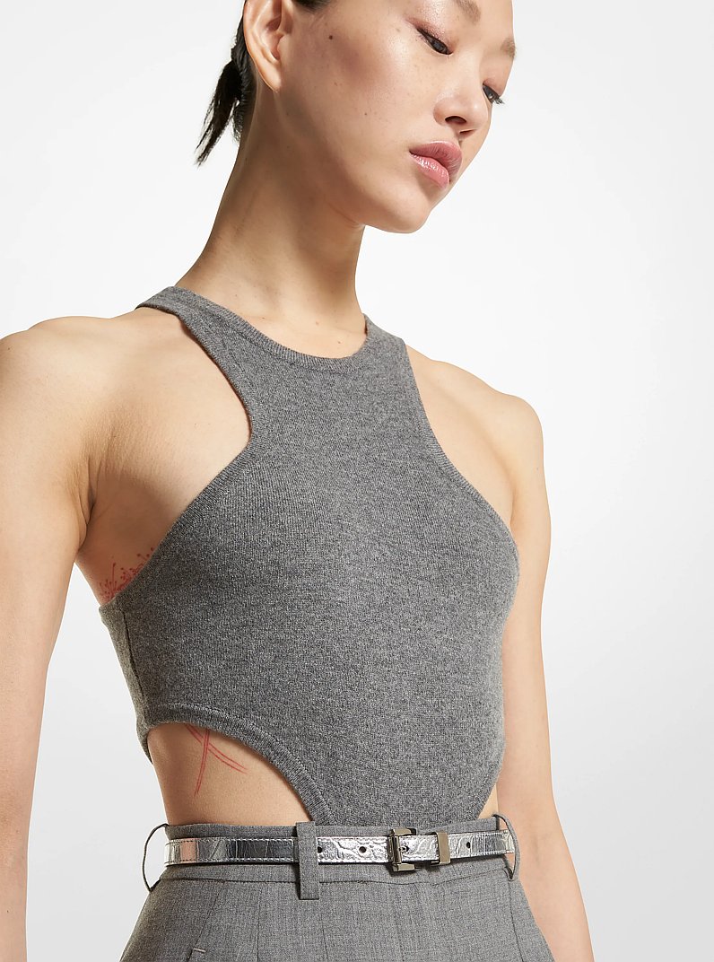 Metallic Crocodile Embossed Leather Trouser Belt in SILVER | Michael Kors