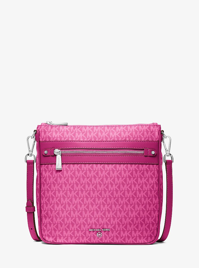 Jet Set Large Logo Print Woven Crossbody Bag in RASPBERRY | Michael Kors