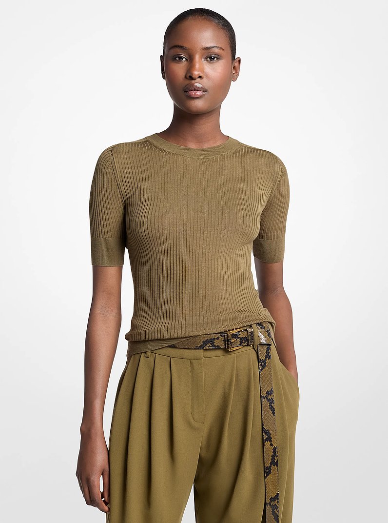 Ribbed Wool Elbow-Sleeve Sweater in FENNEL | Michael Kors