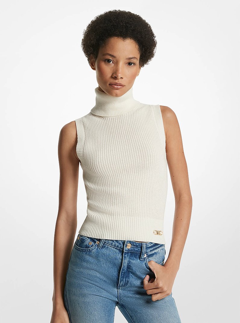 Sleeveless Merino Wool Blend Turtleneck Top in BONE | Michael Kors