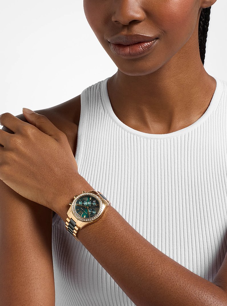 Lexington Pav&eacute; Gold-Tone and Ceramic Watch in GOLD/GREEN | Michael Kors