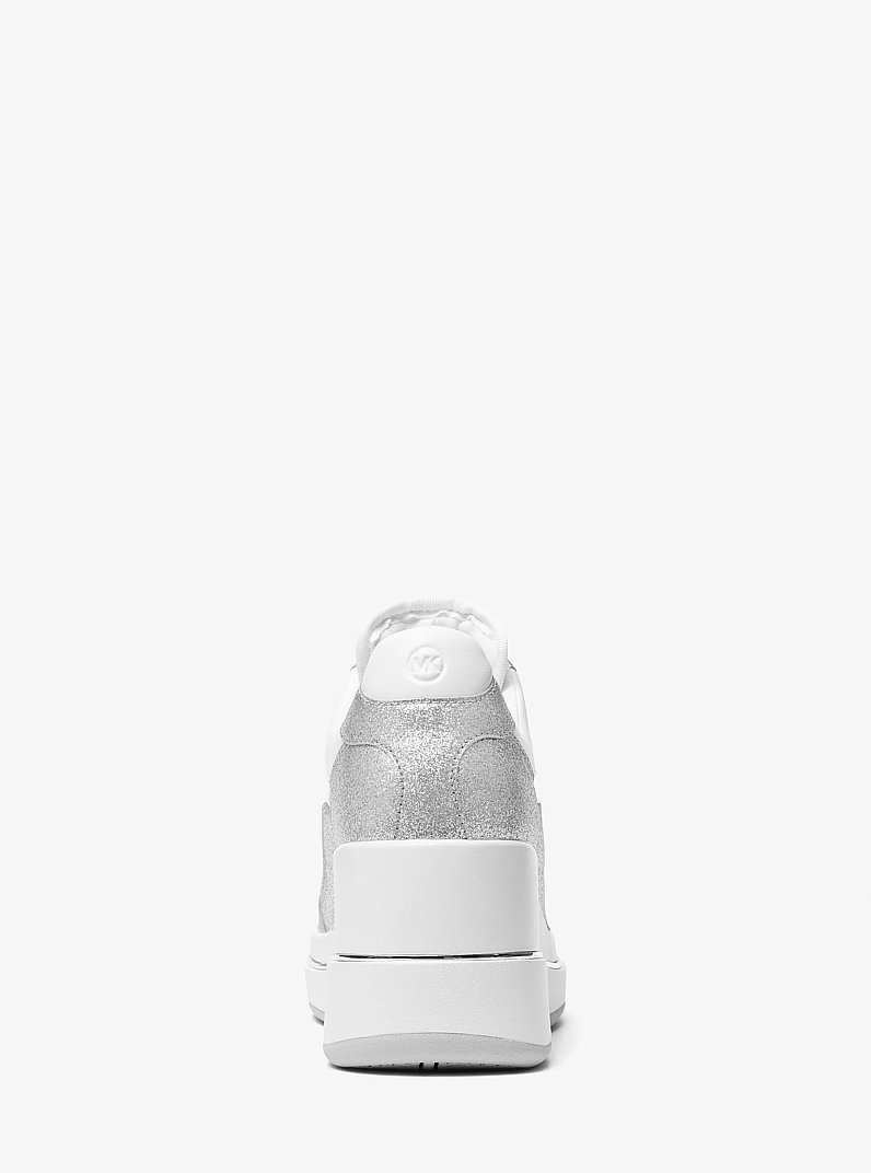Emmy Glitter Embellished Leather Wedge Trainer in SILVER | Michael Kors