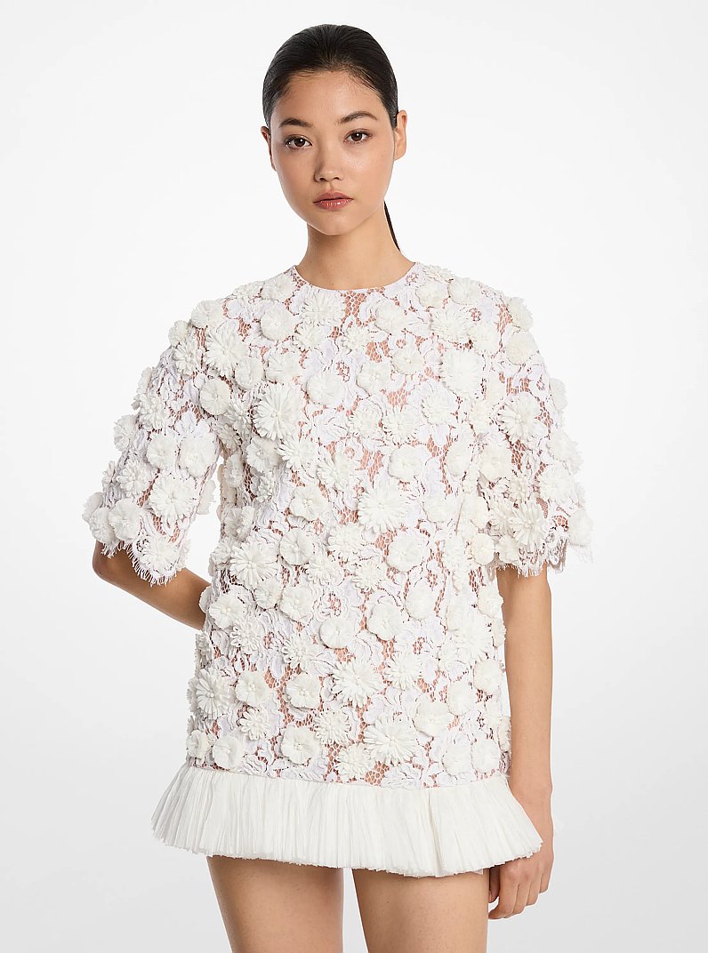 Hand-Embroidered Floral Lace and Fringe Tunic in OPTIC WHITE | Michael Kors