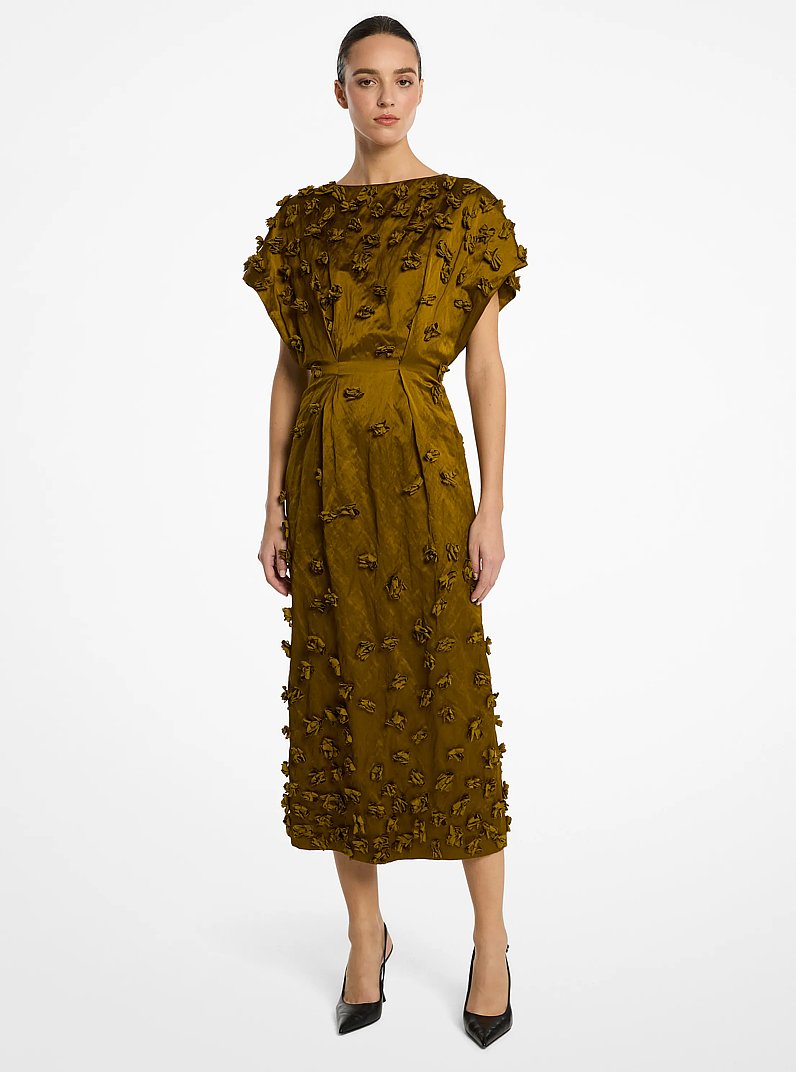 Hand-Embroidered Floral Crushed Duchesse Sheath Dress