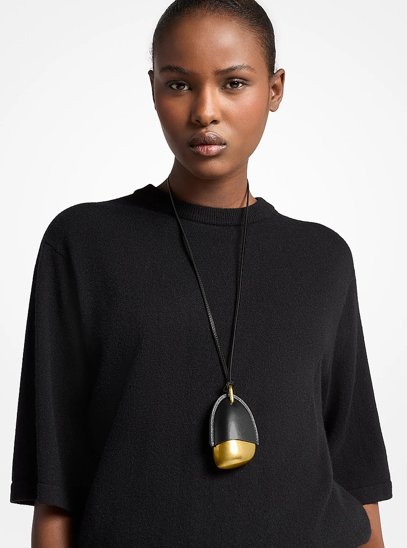 Brushed Brass and Leather Wrapped Pendant Necklace in BLACK | Michael Kors