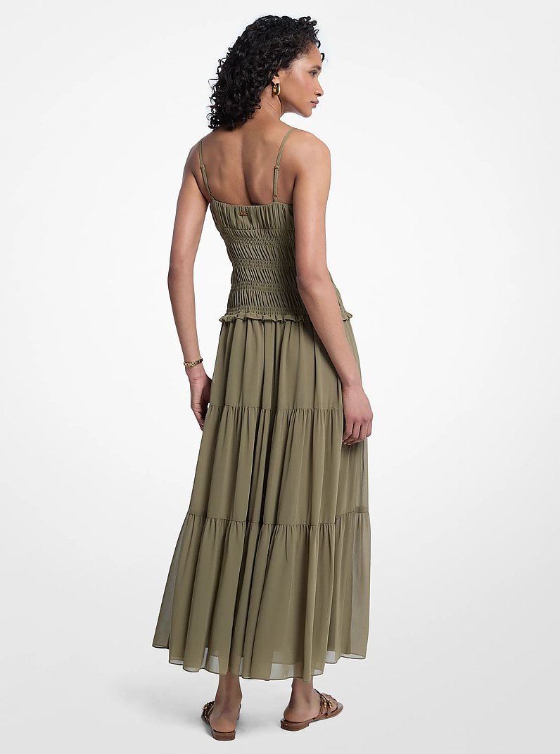 Smocked Georgette Maxi Dress in SAFARI GREEN | Michael Kors