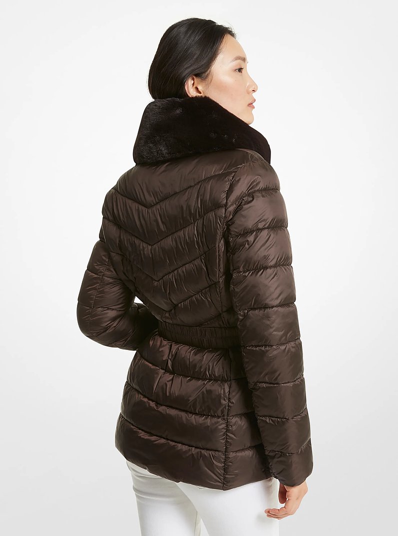 Faux Fur Trim Quilted Nylon Packable Puffer Jacket in CHOCOLATE | Michael Kors