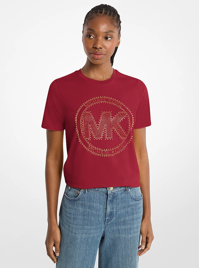 Studded Logo Charm Organic Cotton Jersey T-Shirt in MAROON | Michael Kors