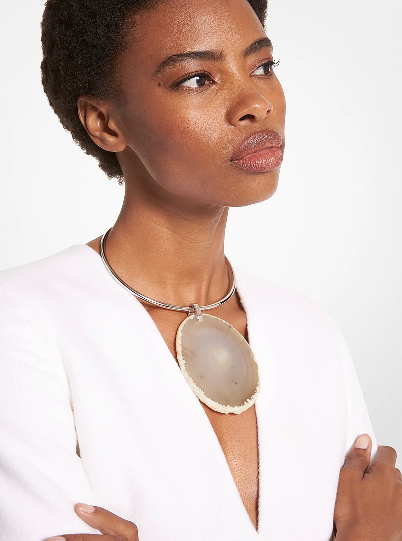 Precious Metal-Plated Brass and Agate Collar Necklace in SILVER/TAUPE | Michael Kors