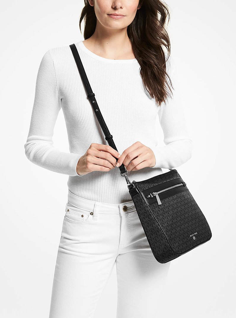 Jet Set Large Logo Print Woven Crossbody Bag in BLACK | Michael Kors