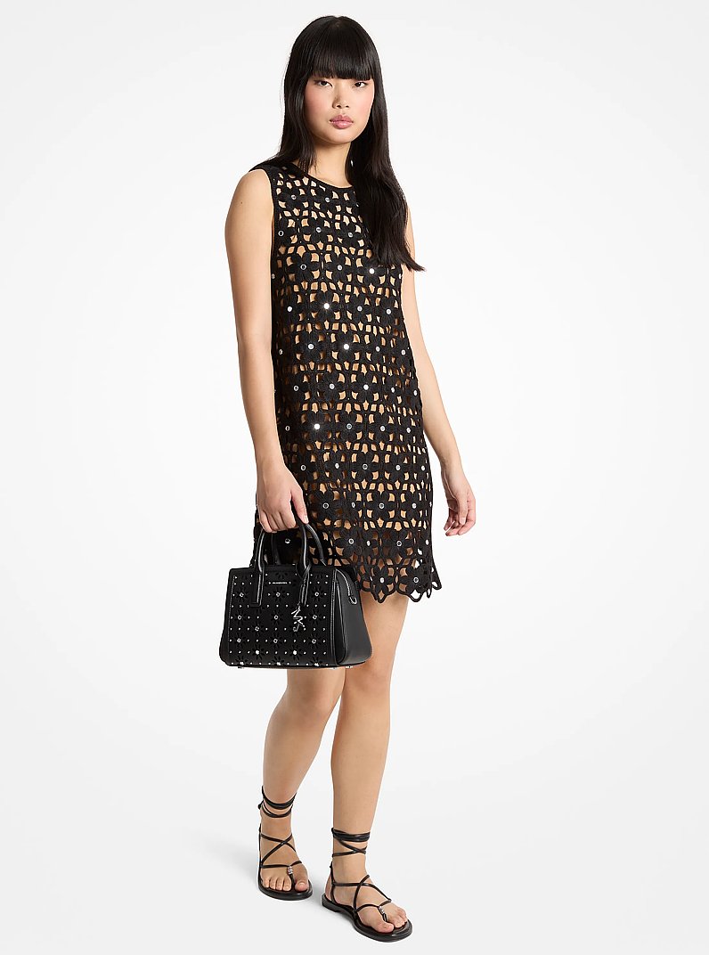 Mirror Embellished Floral Crochet Dress in BLACK | Michael Kors