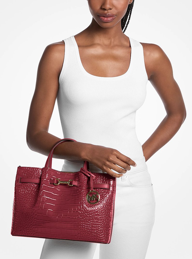 Carson Medium Crocodile Embossed Satchel in CHERRY | Michael Kors