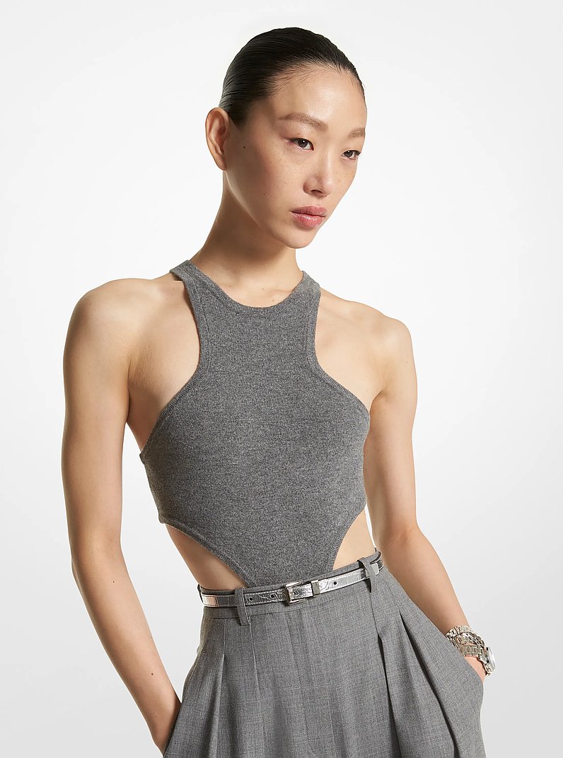 Stretch Cashmere Cutout Bodysuit in BANKER GREY | Michael Kors