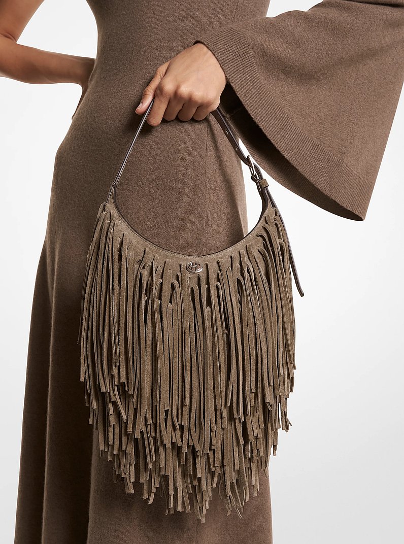 Petit sac port&eacute; &eacute;paule Dyan en daim &agrave; franges in MOKA | Michael Kors