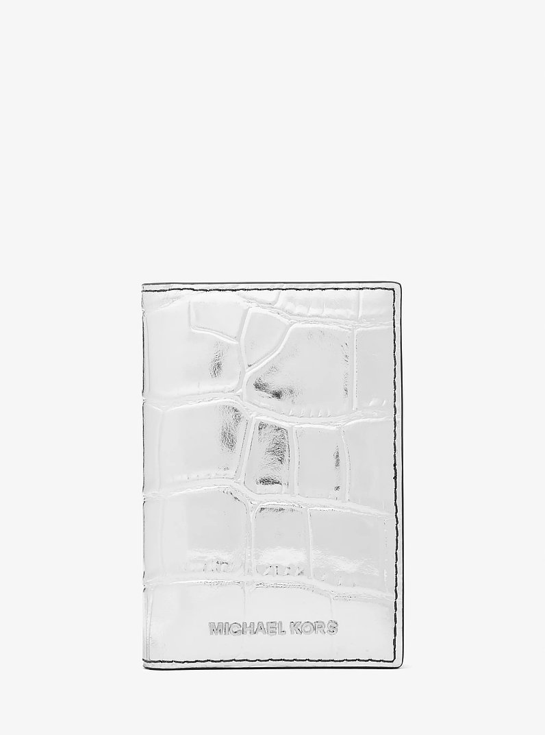 Hudson Metallic Crocodile Embossed Leather Bi-Fold Card Case in SILVER | Michael Kors