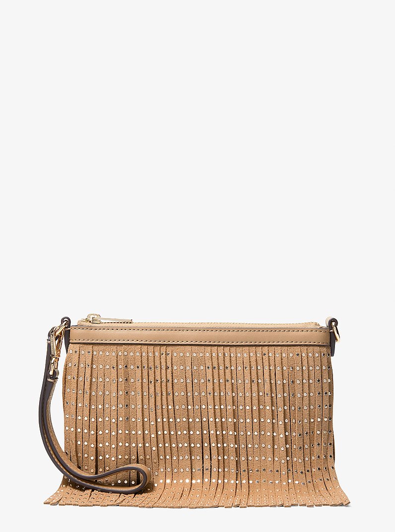 Pochette-bracelet en microsu&egrave;de de polyester &agrave; clous et &agrave; franges in POIL DE CHAMEAU | Michael Kors