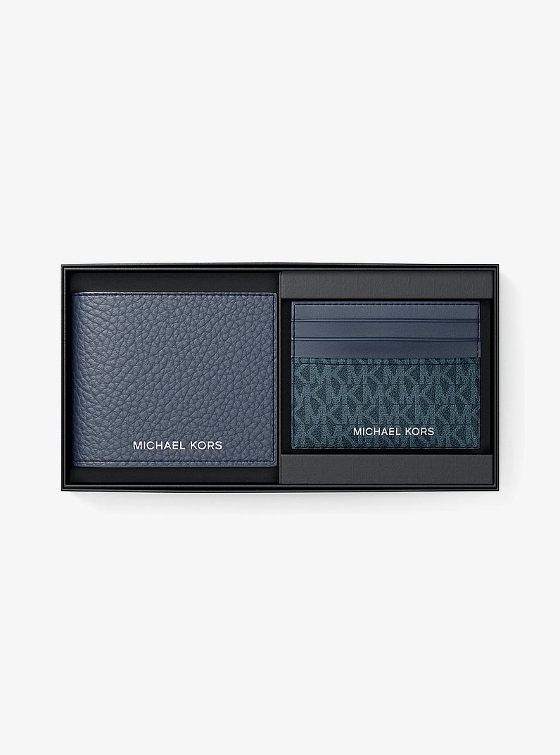 Coffret cadeau avec portefeuille compact en cuir grain&eacute; et porte-cartes &agrave; logo Signature in BLEU MARINE | Michael Kors
