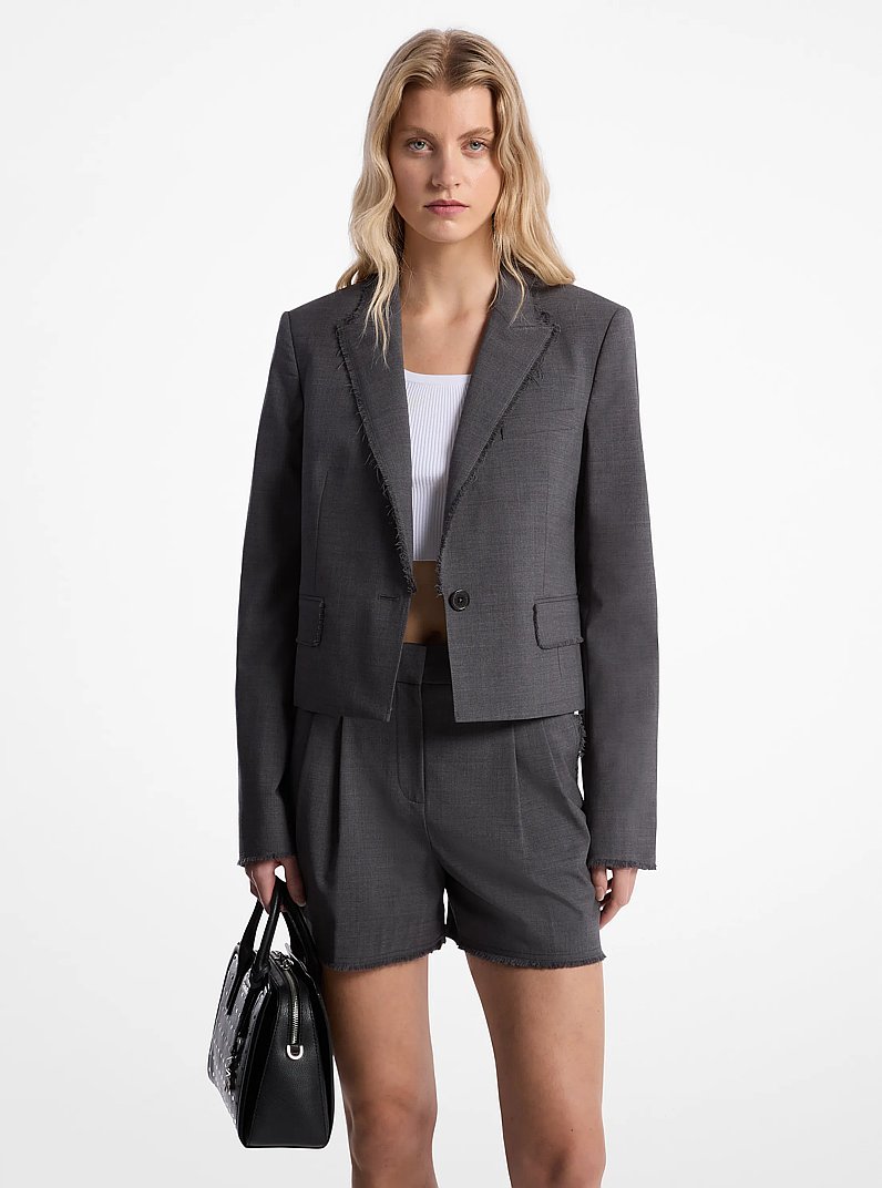 Frayed Stretch Tropical Wool Cropped Blazer in DERBY HEATHER | Michael Kors