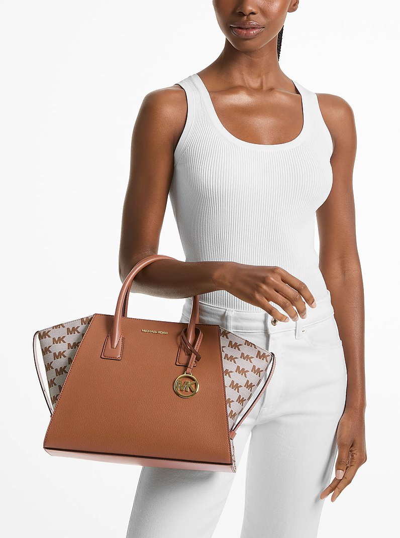 Grand sac &agrave; main Avril en cuir et en jacquard &agrave; logo in LUGGAGE | Michael Kors