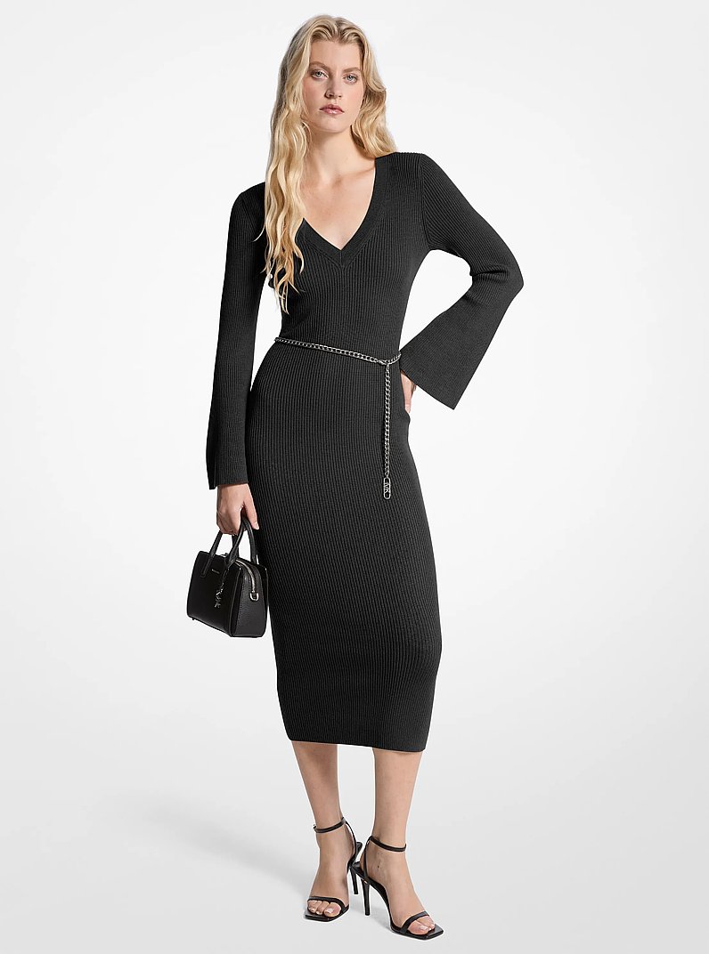 Wool Blend Belted Midi Dress in BLACK | Michael Kors