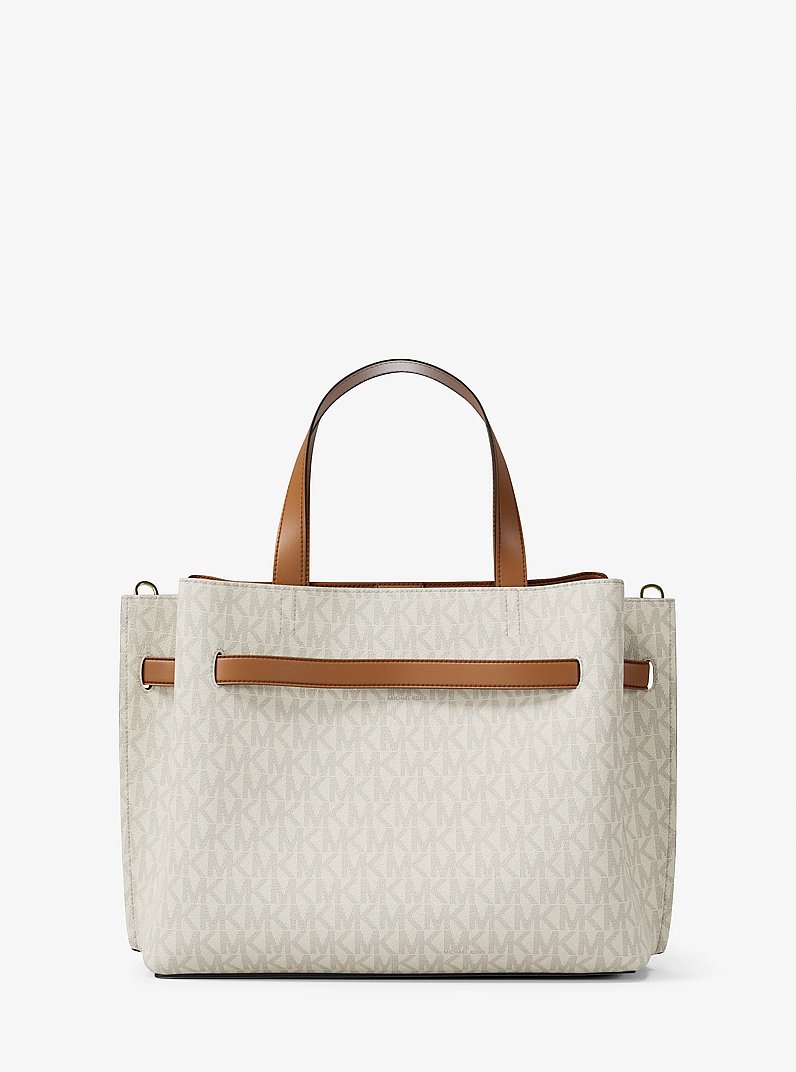 Emilia Medium Signature Logo Satchel in VANILLA/ACORN | Michael Kors