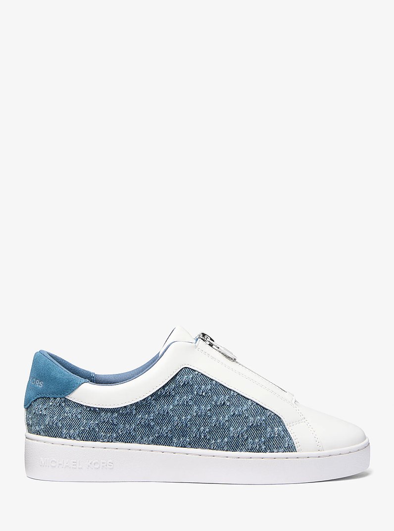 Keaton Logo Embossed Denim and Leather Zip-Up Sneaker