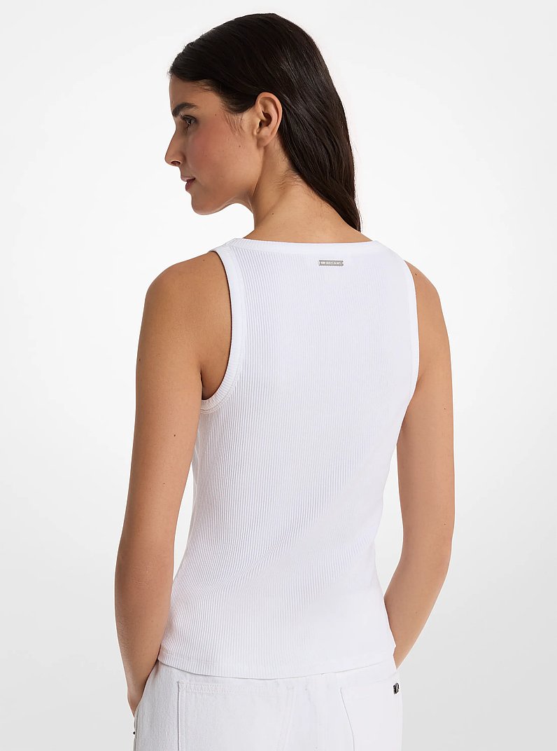 Embellished Logo Ribbed Cotton Blend Tank Top in WHITE | Michael Kors