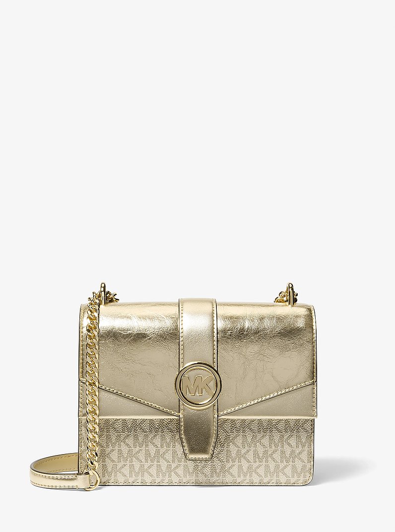 Umh&auml;ngetasche Greenwich Small in Metallic-Krakelee-Optik und mit Signature-Logomuster in BLASSGOLDTON | Michael Kors