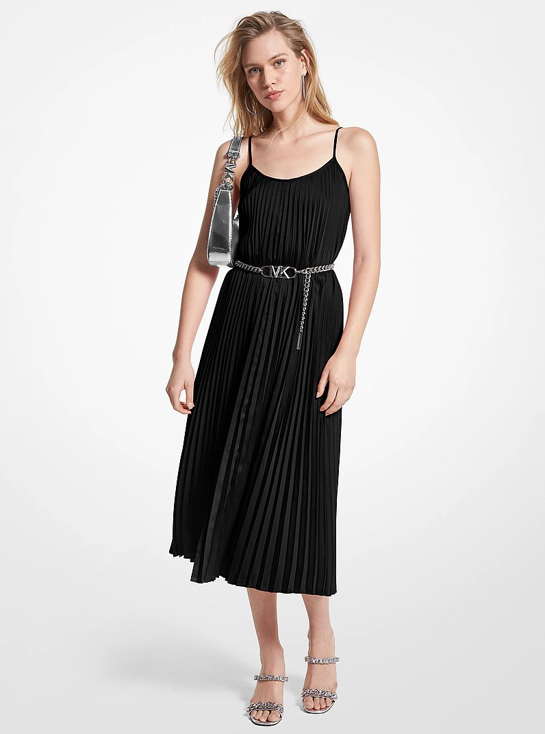 Pleated Satin Belted Slip Dress in BLACK | Michael Kors