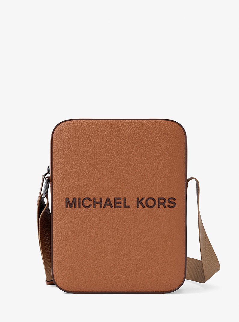 Cooper Logo Embossed Pebbled Leather Messenger Bag in LUGGAGE | Michael Kors
