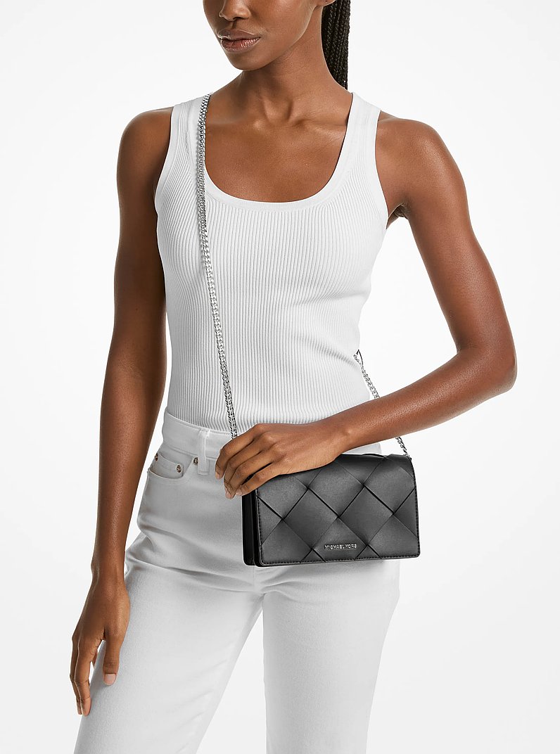 Jet Set Medium Woven Leather Crossbody Bag in BLACK | Michael Kors
