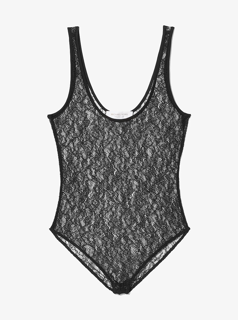Body de encaje de chantilly el&aacute;stico in NEGRO | Michael Kors