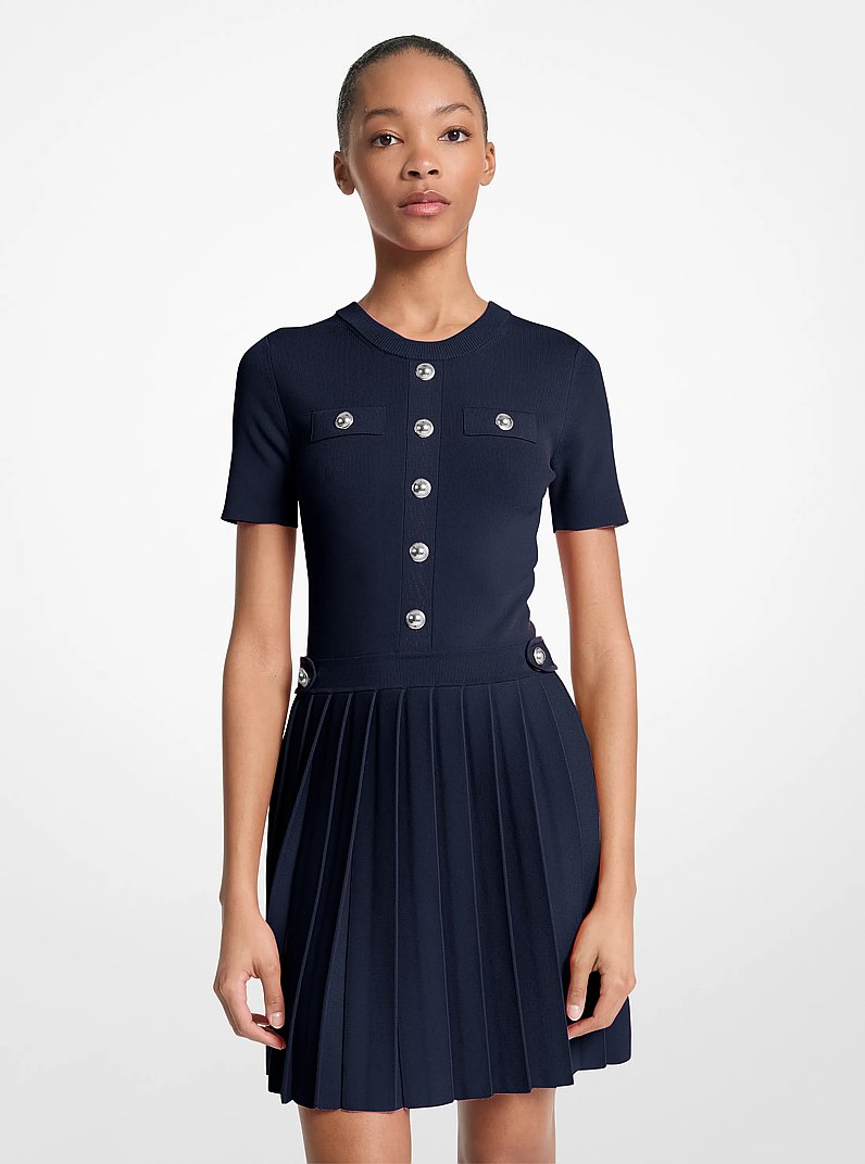 Stretch Knit Pleated Mini Dress in MIDNIGHTBLUE | Michael Kors